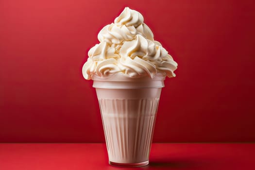 Vanilla ice cream in a glass cup, a large serving of ice cream on a red background.