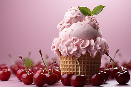 Cherry ice cream in a small waffle cup with a cherry, a small cup and lots of ice cream.