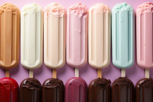 Set of fruit ice cream with different flavors on a light background, ice cream on a stick.