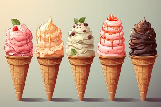 Different flavors of ice cream from a cone on a light background, a large portion of ice cream on a cone.