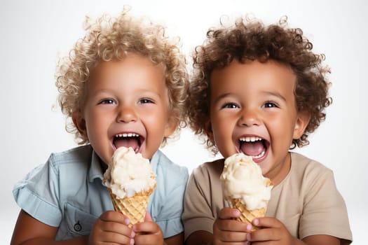Two smiling boys holding ice cream in their hands, children with ice cream on a white background.