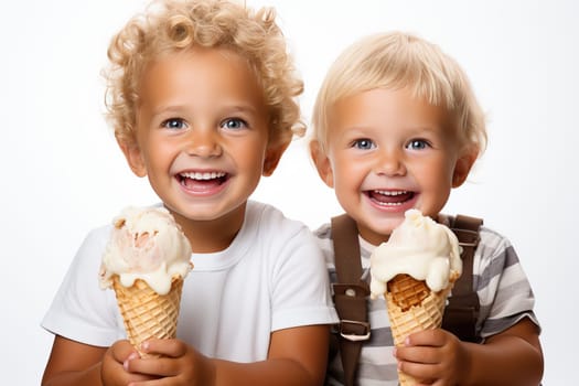 Two smiling boys holding ice cream in their hands, children with ice cream on a white background.