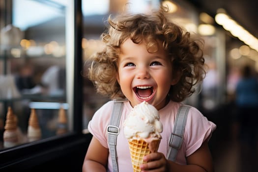 A smiling girl holds an ice cream in her hands, a child eats an ice cream in a cafe.