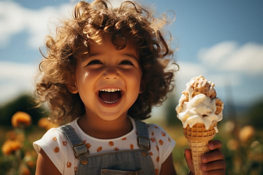 Little smiling curly girl holding a big ice cream cone in her hands, child with ice cream.