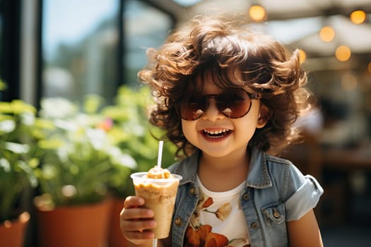 Little smiling curly girl holding a big ice cream cone in her hands, child with ice cream.