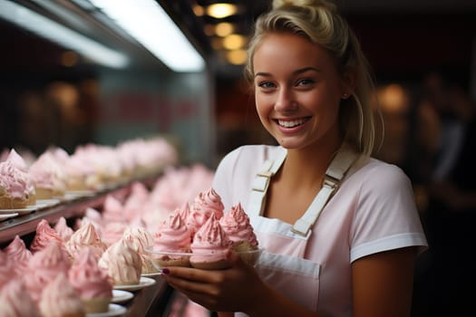A smiling waitress in a cafe holds a tray with ice cream in her hands, an ice cream shop.