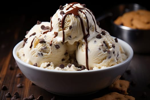 Vanilla ice cream in a bowl sprinkled with chocolate and drizzled with chocolate, white ice cream with chocolate.