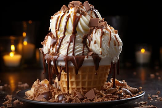 Balls of vanilla ice cream in a bowl covered with liquid chocolate, white ice cream with chocolate.