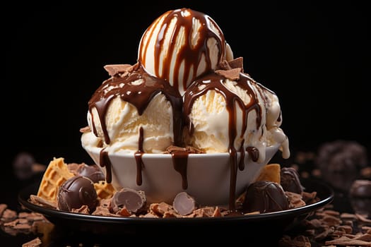 Balls of vanilla ice cream in a bowl covered with liquid chocolate, white ice cream with chocolate.