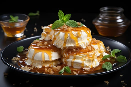Ice cream with caramel and pancakes on a plate on a black background.