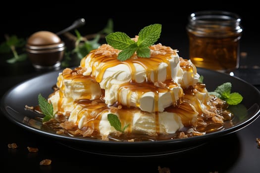 Ice cream with caramel and pancakes on a plate on a black background.