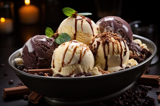 Chocolate and vanilla balls with chocolate on a plate close-up, ice cream balls of different flavors.