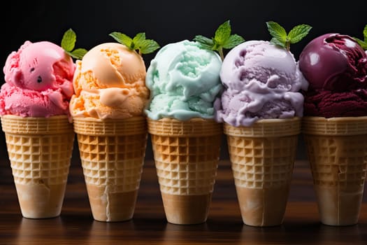 A set of ice cream cones of different flavors in one order, ice cream in a waffle cup.