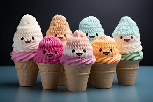 Ice cream in a waffle cup with glasses and a mouth, set of ice cream of different flavors, ice cream of different colors.