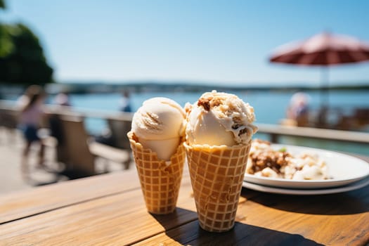 Two ice creams in a waffle cup on a table overlooking the sea.