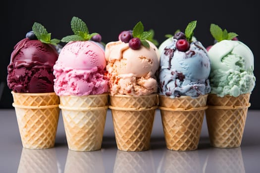 Glasses with various ice creams on a black background, ice cream with mint leaves.