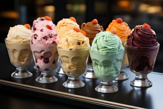 Set of colorful and different flavored ice creams on a tray, ice cream in a gelato shop close-up.