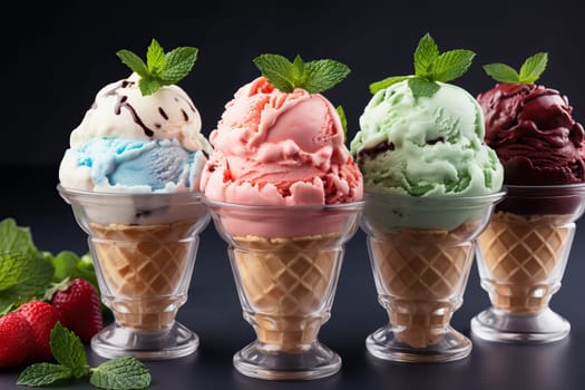 Glasses with various ice creams on a black background, ice cream with mint leaves.