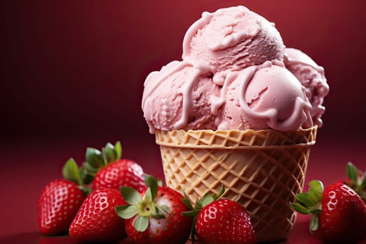 Strawberry ice cream in a waffle cup on a red background with fresh strawberries.