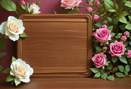 Floral background of pink and white roses on a dark wooden table. AI generated image.