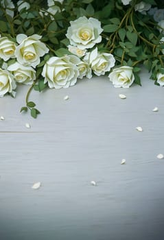 beautiful background of many white roses on a light wooden. AI generated image.