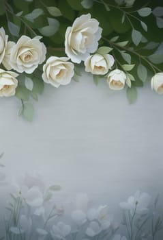 beautiful background of many white roses on a light wooden. AI generated image.