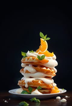 Cooked sweet Belgian waffles with oranges on a black background. AI generated image.