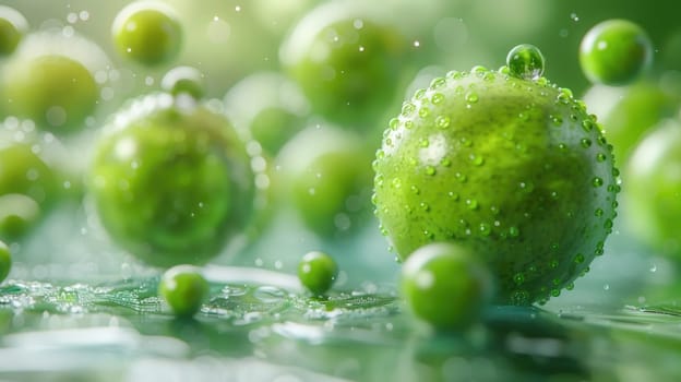 A detailed image showing a green apple up close, with water droplets glistening on its surface.