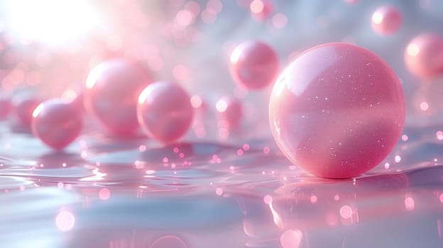 A group of pink balls floating on the surface of water provides a colorful and lively abstract scene.