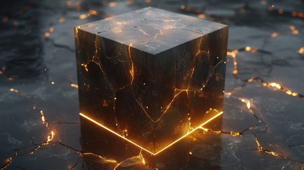 A photo of a cube emitting a vibrant glow in a dark environment.