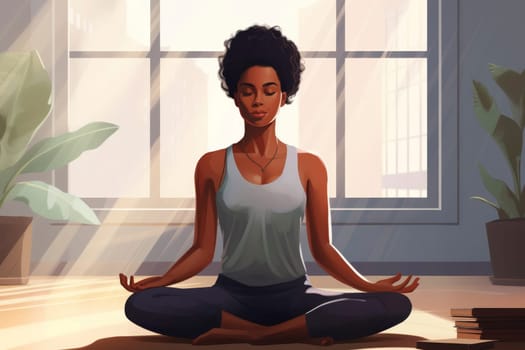 A tranquil young woman meditates in a bright, sunlit room, promoting mental wellbeing and inner peace.