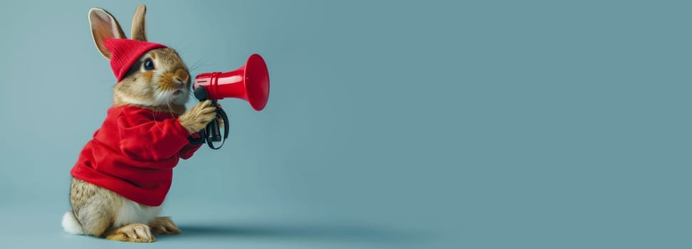 Rabbit with Megaphone on Blue Background.