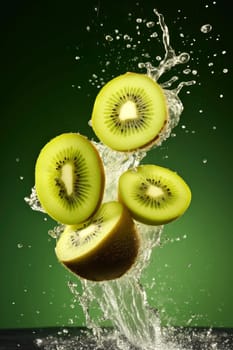 Sliced kiwi fruit captured mid-air with a splash of water against a green background, evoking freshness and vitality.