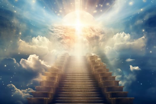 Surreal image of a stairway ascending towards a heavenly body through a mystical cloudscape.