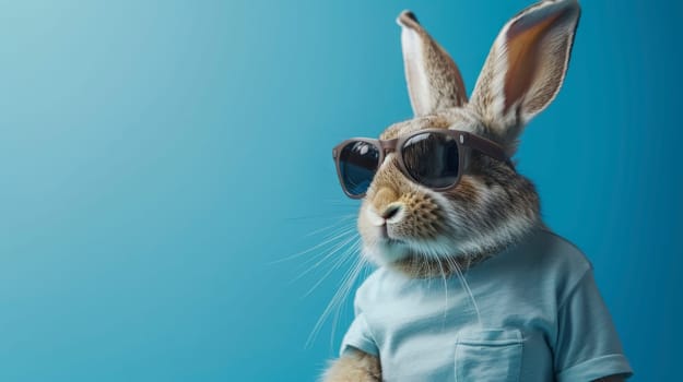 A stylish rabbit wearing sunglasses and a blue shirt against a blue background, embodying chill and fashion.