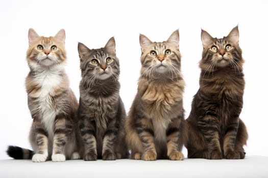 A quartet of Maine Coon cats sit attentively, with a white background highlighting their stunning features and fur patterns.
