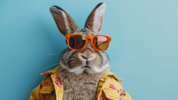 A fashionable rabbit dressed in an orange sunglass and yellow jacket, posing with confidence on a blue backdrop.