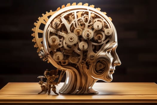 Intricate Wooden Gear Brain Model on Table.
