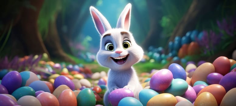 Cheerful animated rabbit with a joyful expression sitting among a collection of colorful Easter eggs in a forest.