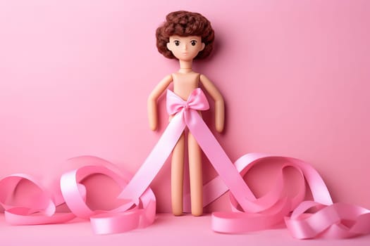 A paper doll with a girl on a pink background is a symbol of breast cancer awareness