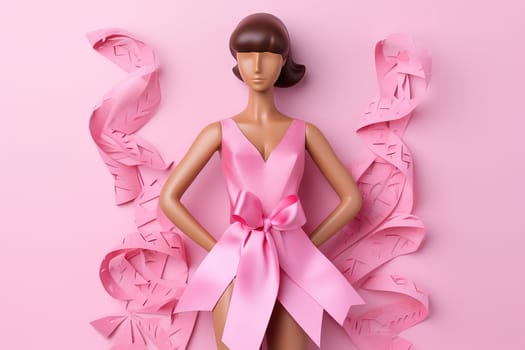 A paper doll with a girl on a pink background is a symbol of breast cancer awareness