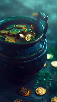 Stack of gold coins and green Patricks hat on wooden table ai generated image