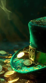 Stack of gold coins and green Patricks hat on wooden table ai generated image