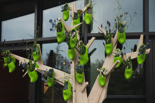 Green Dutch wooden clogs with flowers inside