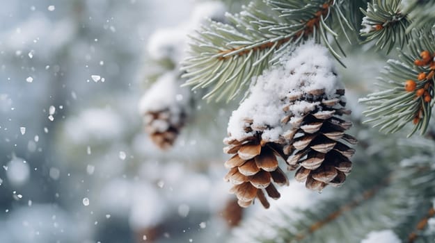 Pine cones on snowy branches during a serene winter snowfall. High quality photo