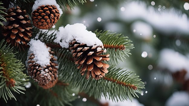 Pine cones on snowy branches during a serene winter snowfall. High quality photo