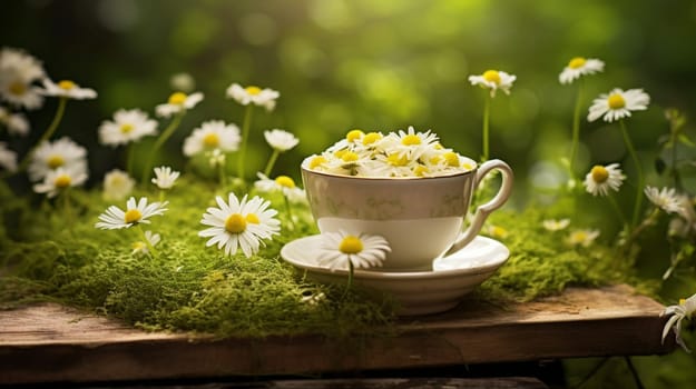 A serving of chamomile tea is placed on a wooden table with daisies scattered around it, creating a serene natural landscape