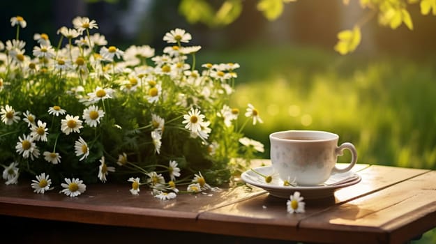 A drinkware cup filled with tea is placed on a wooden table surrounded by daisies in the background