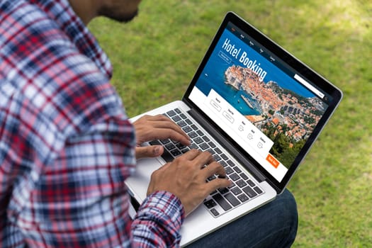 Online hotel accommodation booking website provide modish reservation system . Travel technology concept .