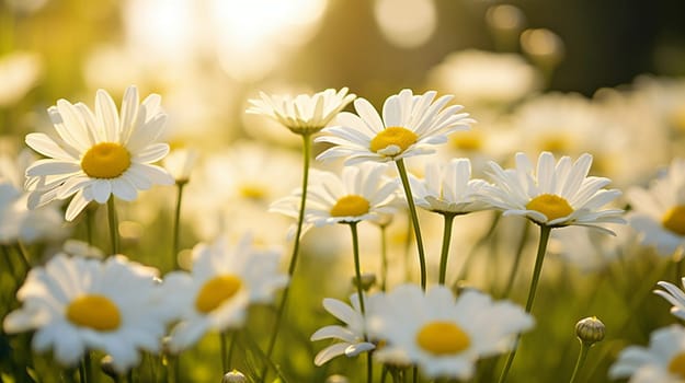 A field of daisies bathed in warm sunlight with a soft-focus background. High quality photo